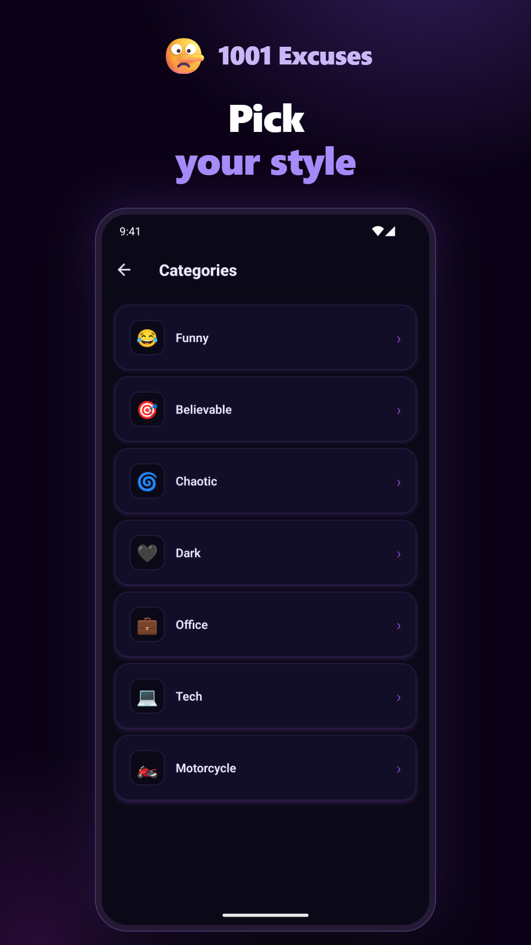 1001 Excuses — categories screen