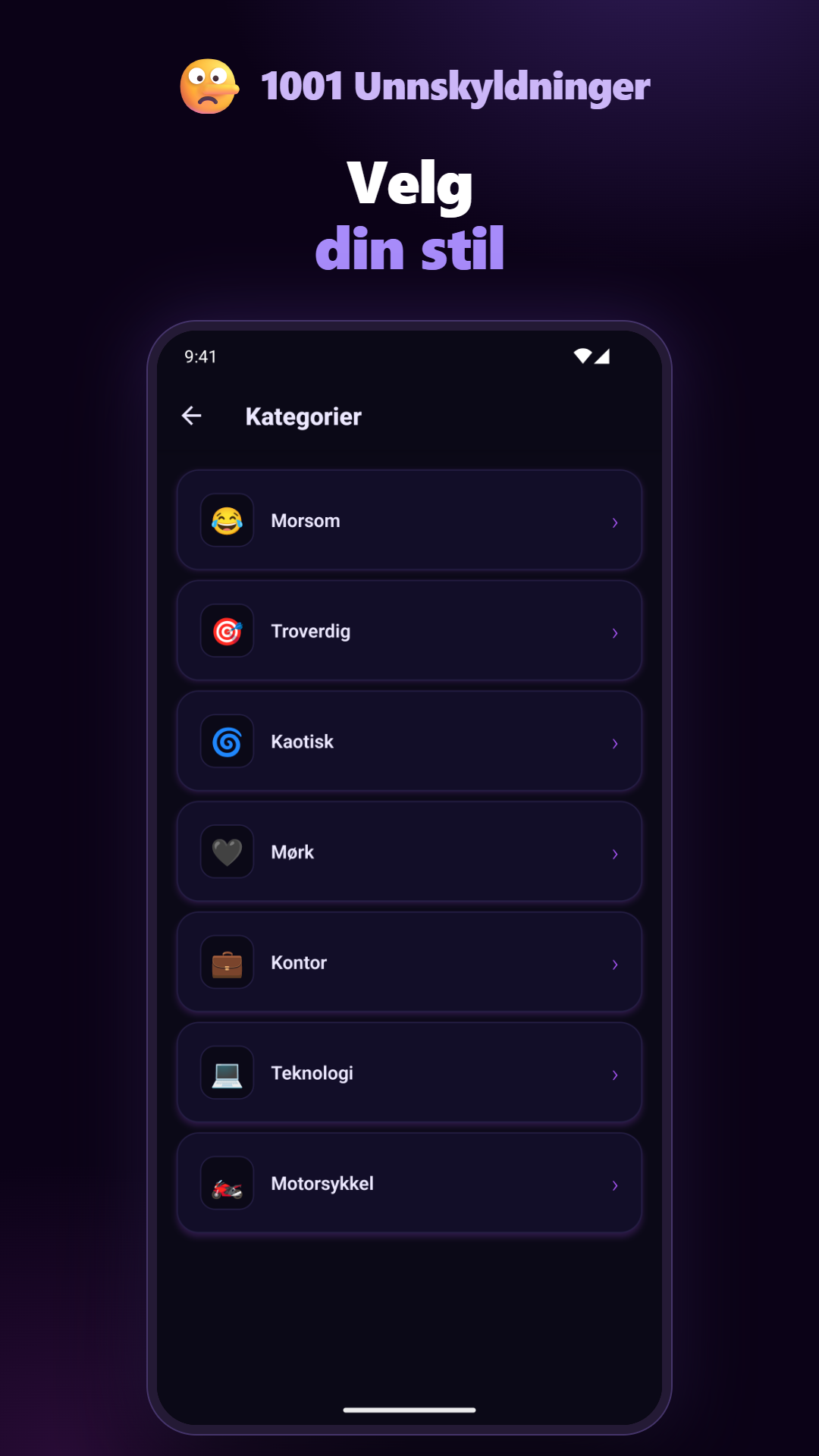 1001 Unnskyldninger — kategorier