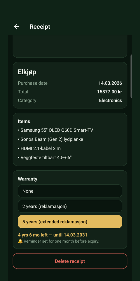 Kvitro — receipts list with warranty badges