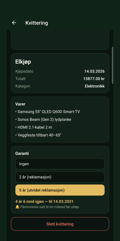 Kvitro — kvitteringsliste med garantimerker
