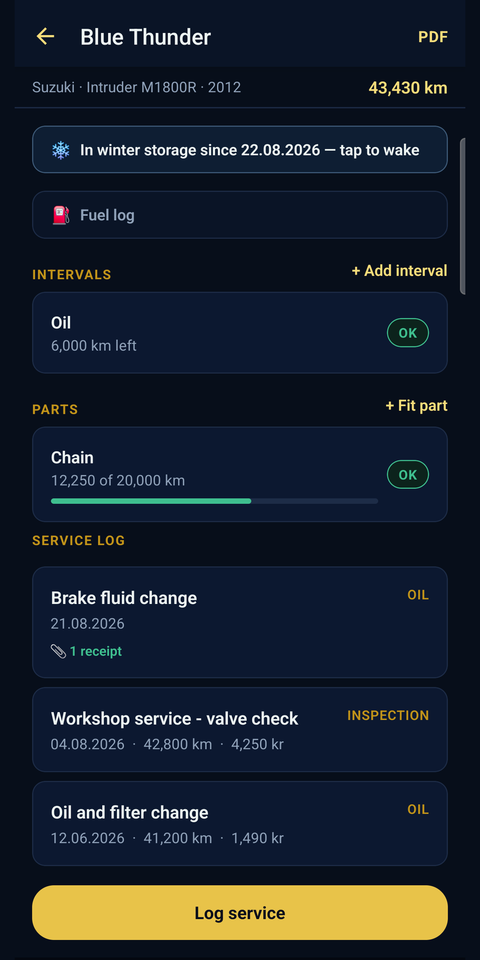 Smiðja — a bike's page, with its service history
