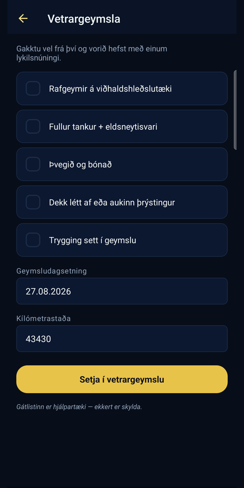 Smiðja — vetrargeymsla, með dagana talda