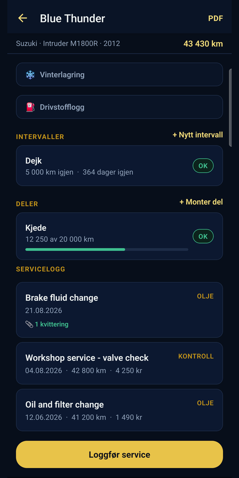 Smiðja — sida til en sykkel, med servicehistorikken